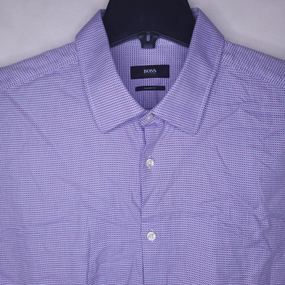 Hugo Boss Dress Shirt Mens 17 Check Blue, Purple 34/35 Sharp Fit